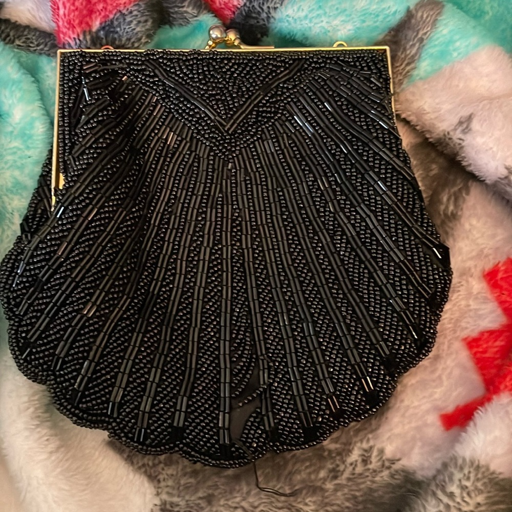 Vintage 1980s BECHAMEL Black Beaded Seashell Gold